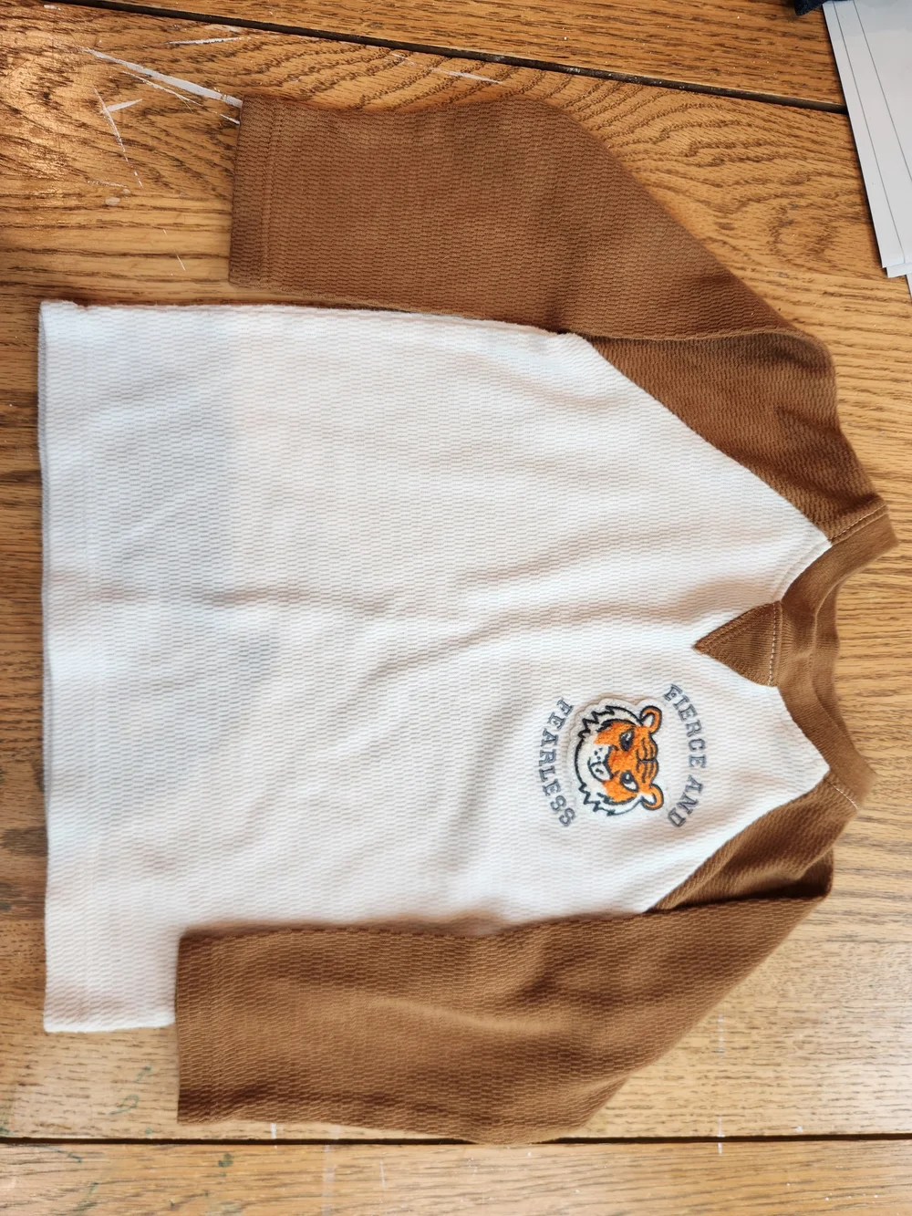 Kids Set Raglan Thermal Top with Tiger Patch - Cream & Brown With Jeans - Picture 2 of 8